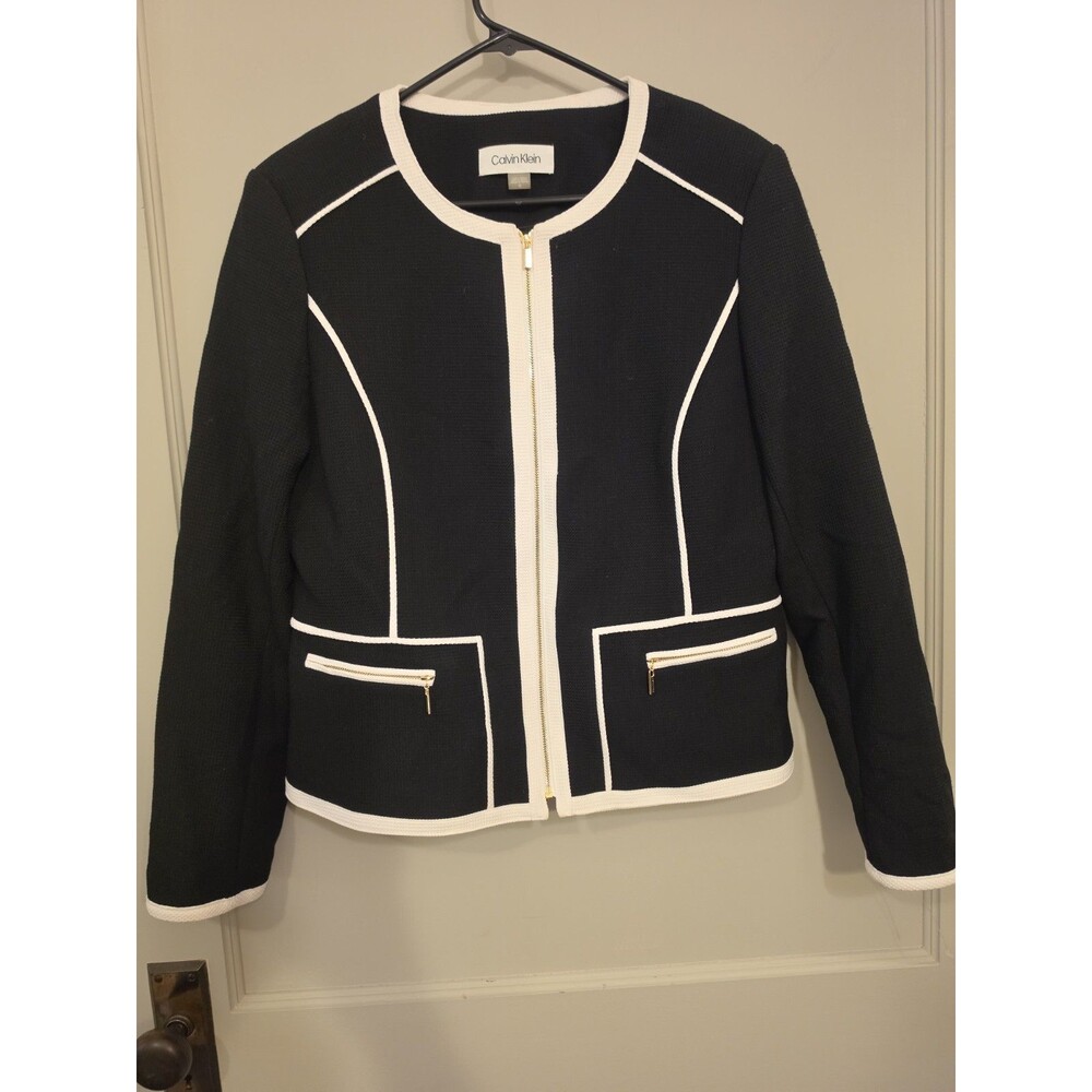 Calvin Klein Women's Piped-Trim  Jacket Black White  Size 12 Great Condition